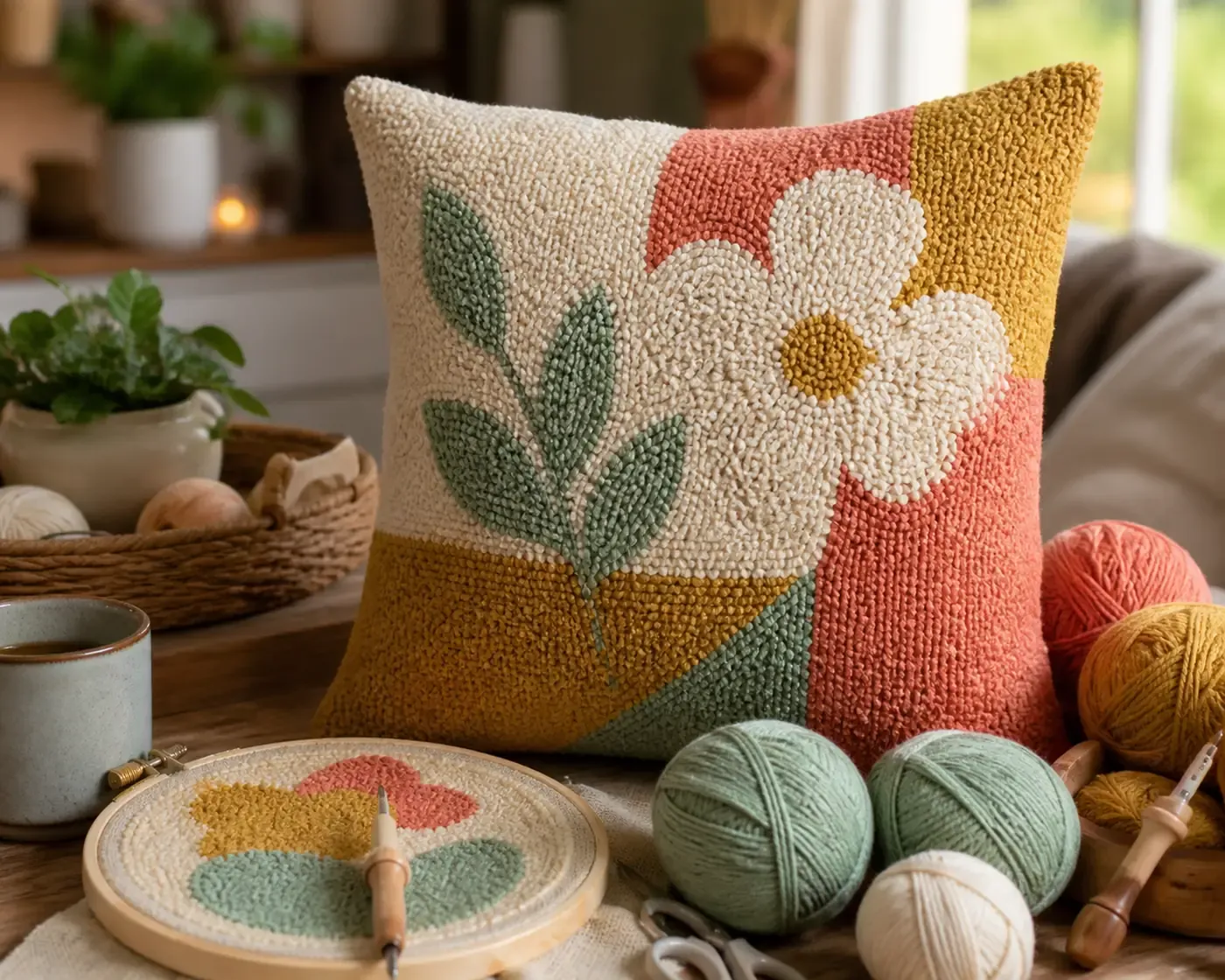 Faire un coussin en punch needle, de la toile au salon