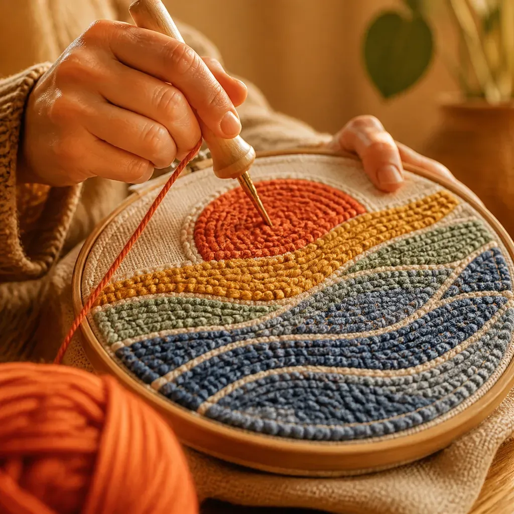Kit punch needle Maison Boucle en cours de création : toile tendue sur cercle, laines colorées et aiguille magique