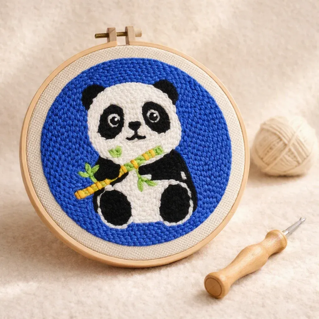 Kit punch needle bébé panda en cadre rond