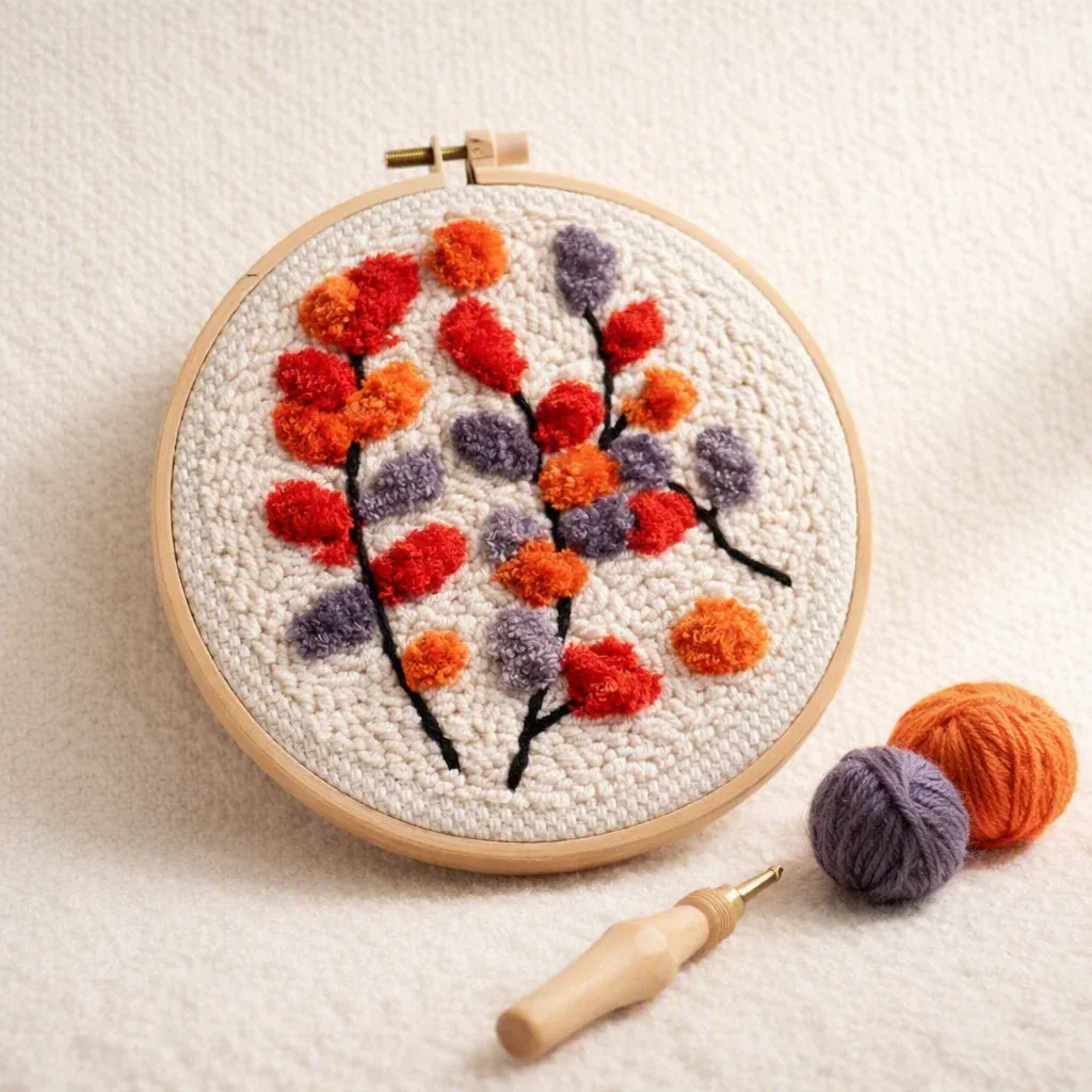 Kit punch needle branches colorées sur beige