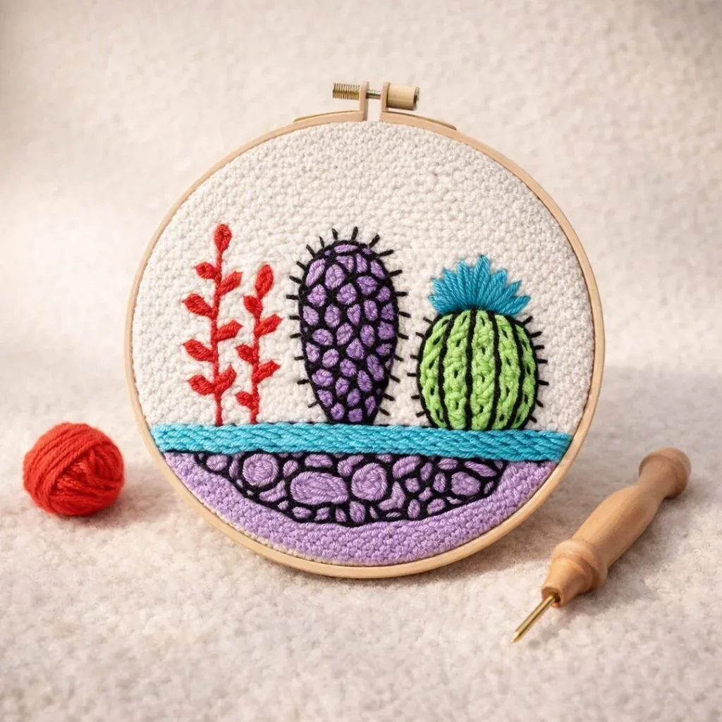 Kit punch needle cactus sur fond blanc en relief