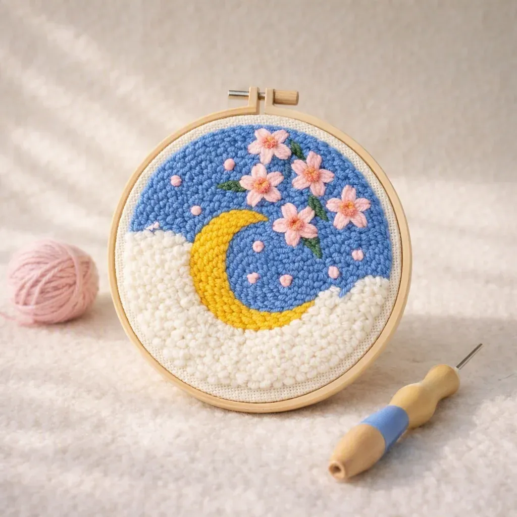 Kit punch needle fleurs de cerisiers et lune