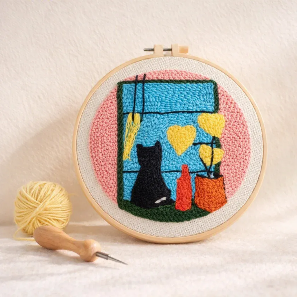 Kit punch needle chat à la fenêtre en relief
