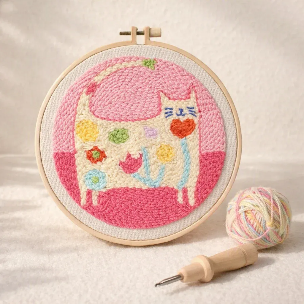 Kit punch needle chat fleuri mural en relief