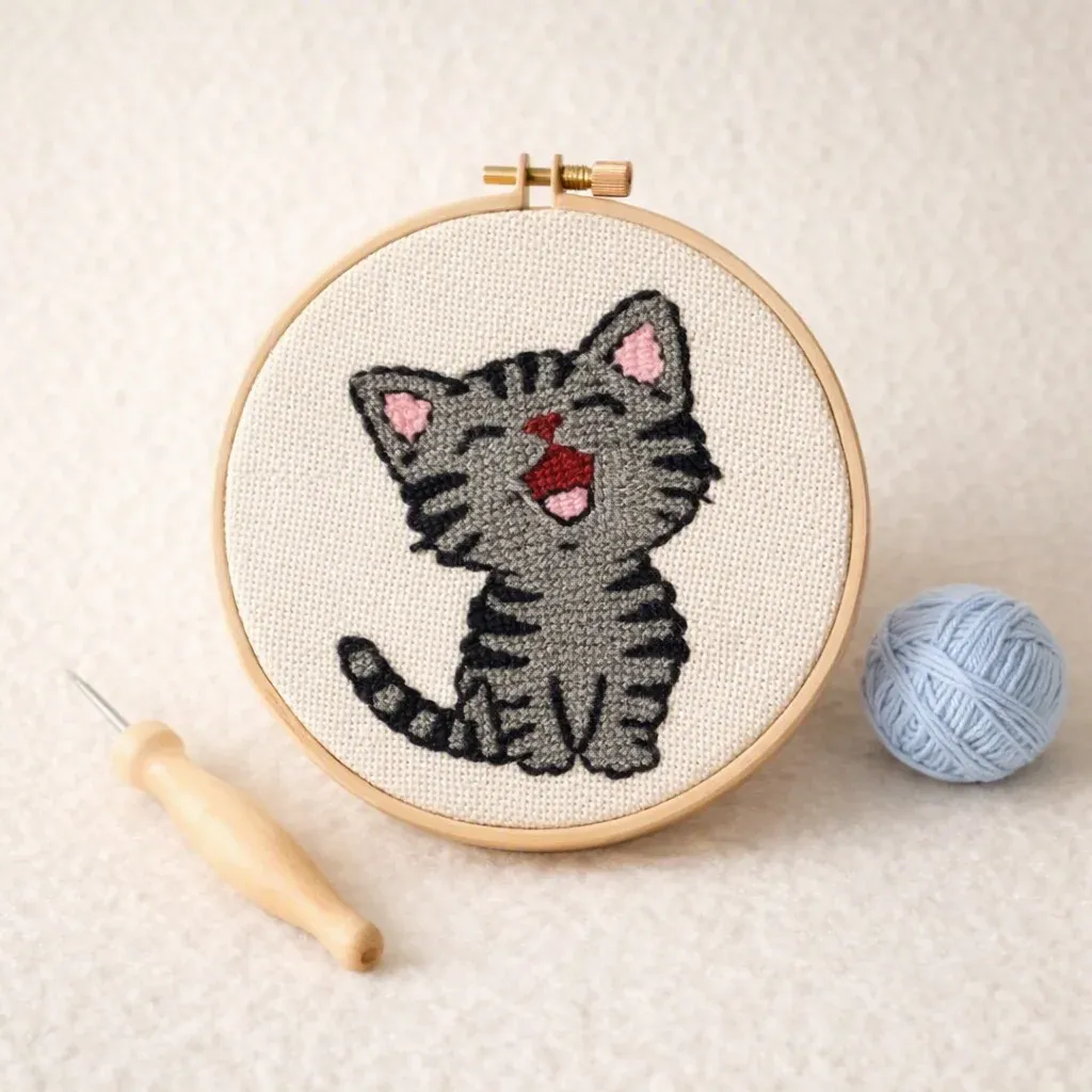 Kit punch needle chat rieur en tableau relief