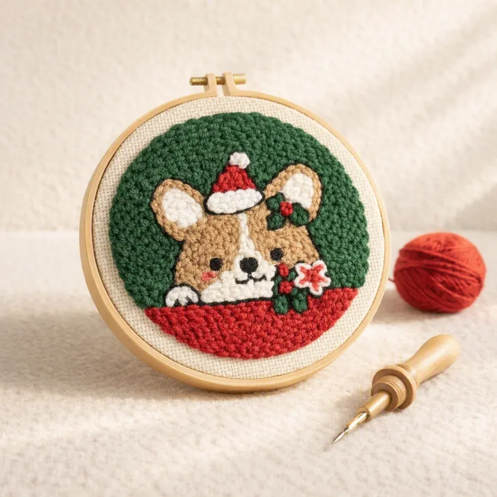 Kit punch needle chien au bonnet de Noël