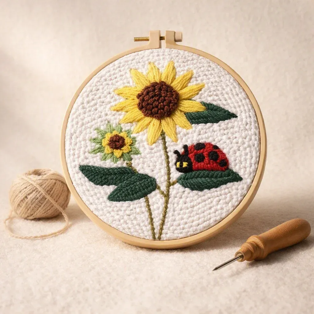 Kit punch needle fleurs et coccinelle en relief