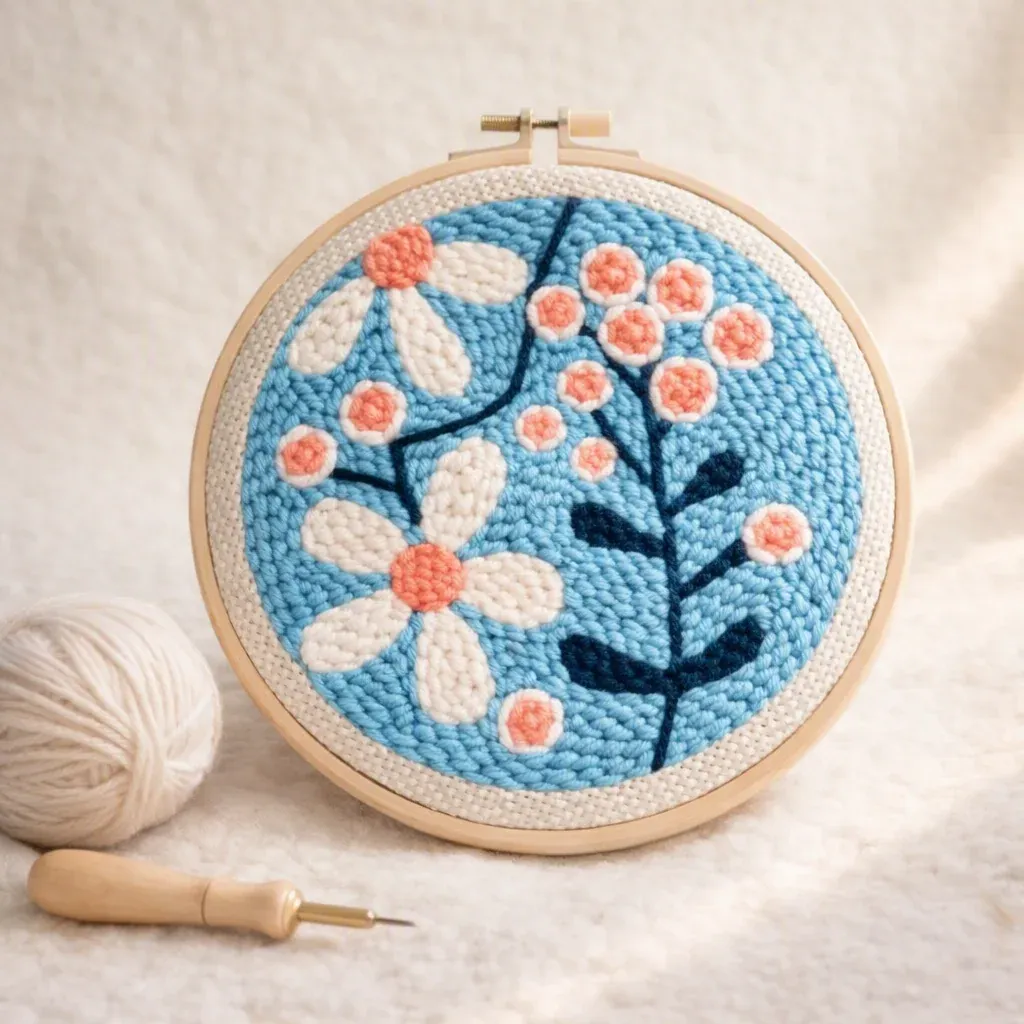 Kit punch needle fleurs blanches en relief