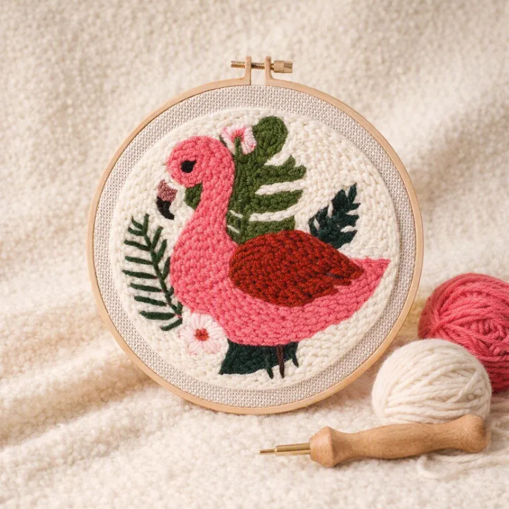 Kit punch needle flamant rose et feuillage