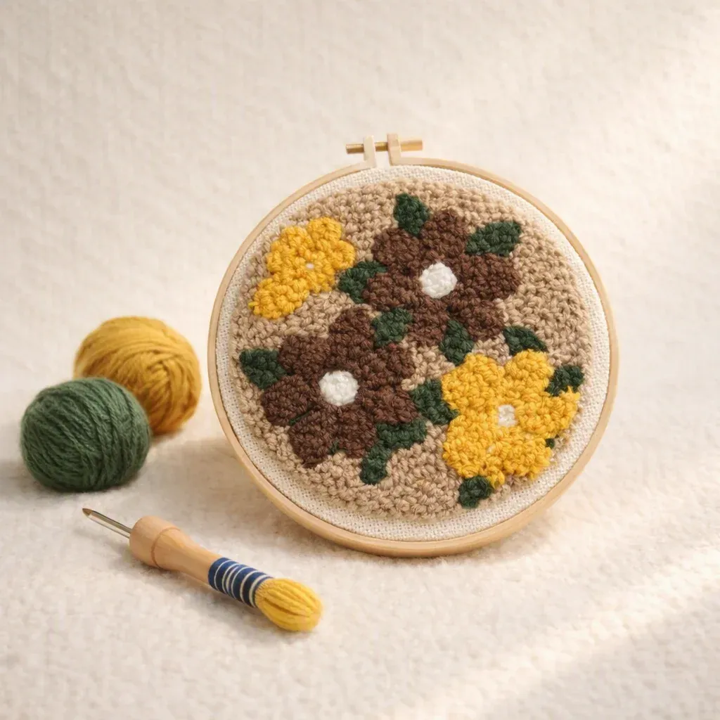 Kit punch needle fleurs jaunes et brunes