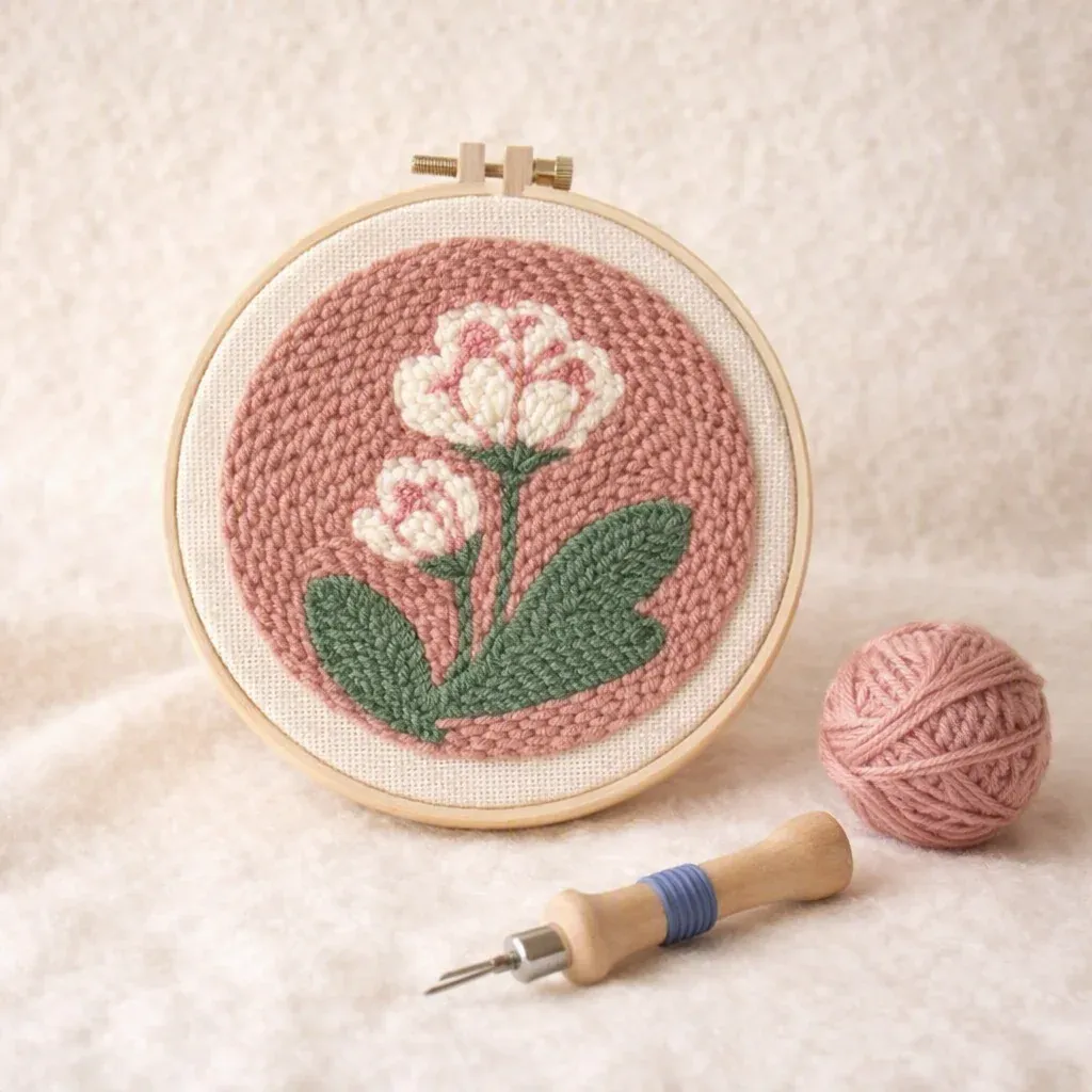 Kit punch needle fleurs blanches en cadre rond