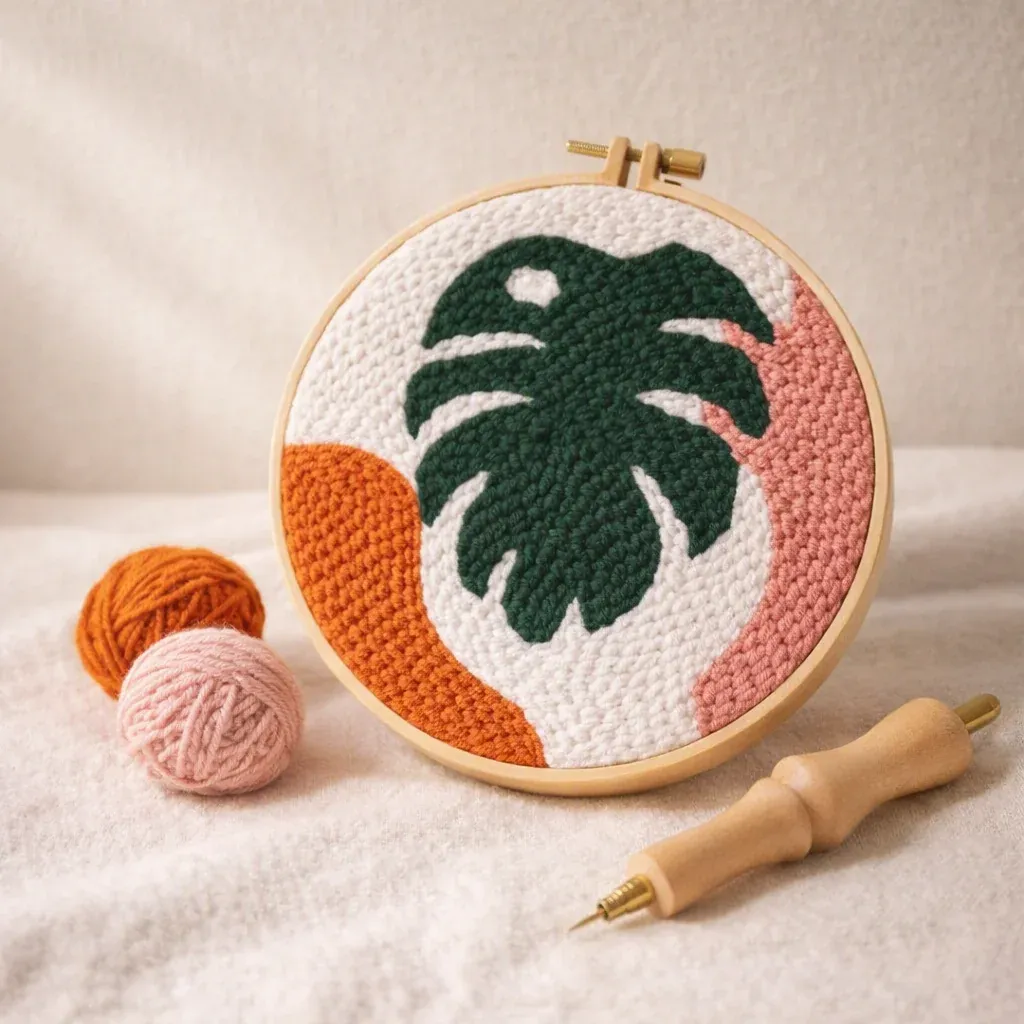 Kit punch needle grande feuille verte en relief