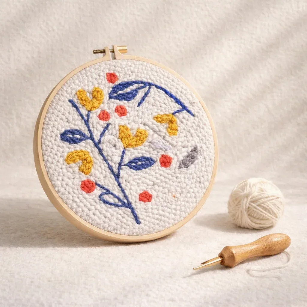 Kit punch needle houx de Noël sur fond bleu