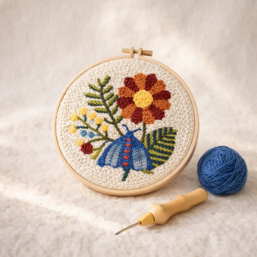 Kit punch needle papillon bleu et fleurs