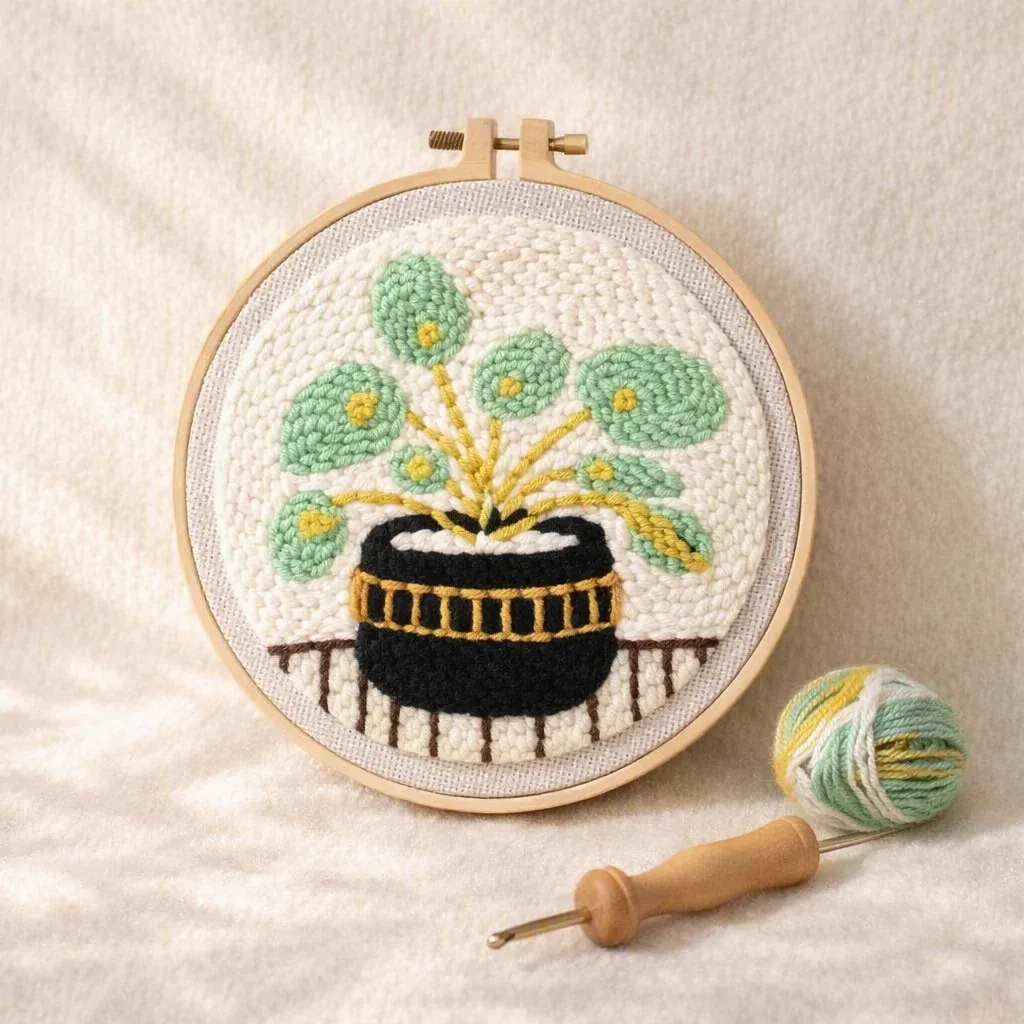 Kit punch needle plante en pot noir graphique