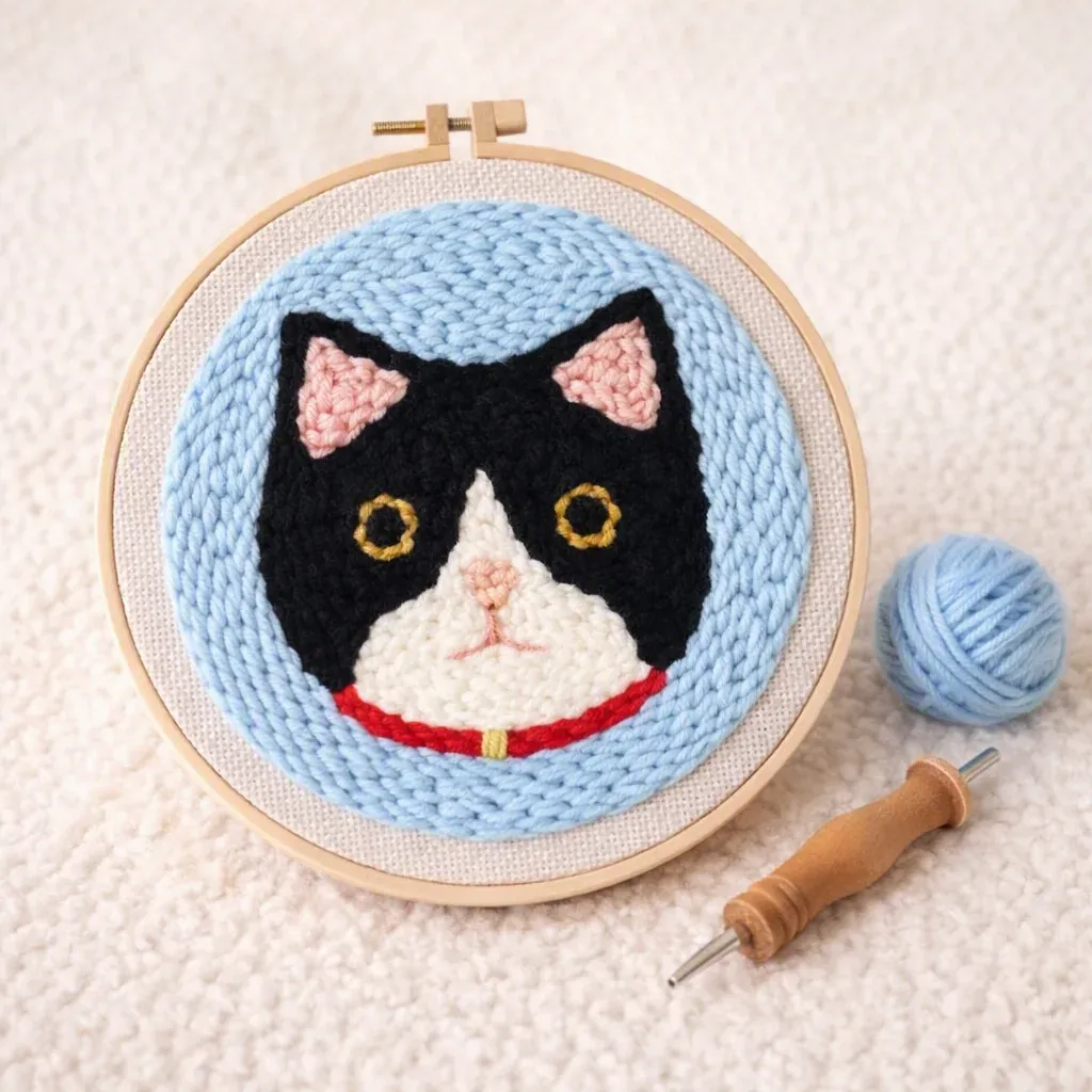 Kit punch needle tête de chat graphique en relief
