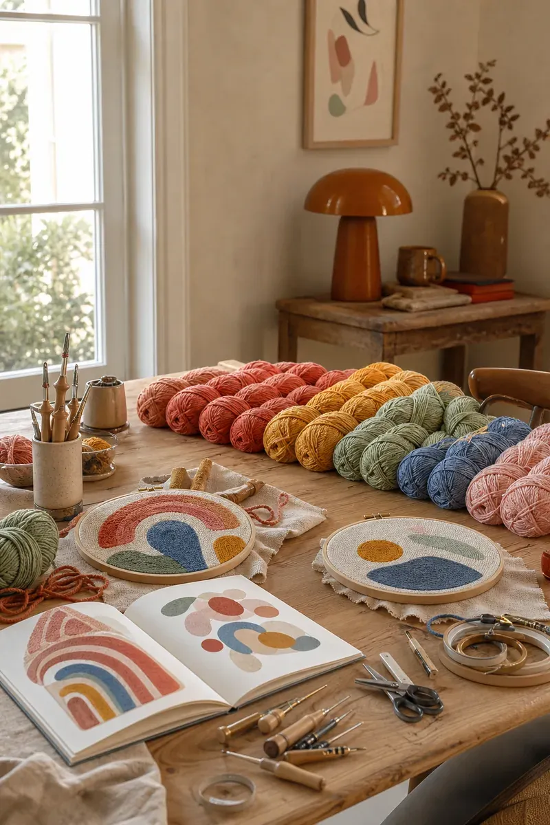 La table de l'atelier Maison Boucle : pelotes rangées par teinte, cercles de punch needle terminés et aiguilles magiques dans leur pot