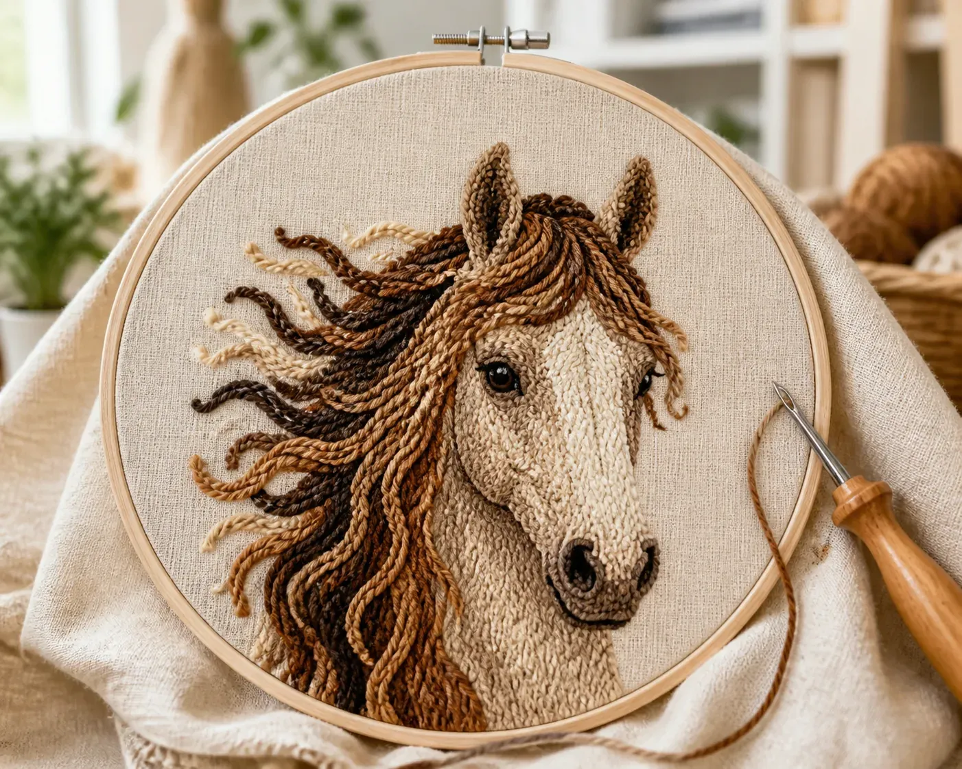 Le punch needle cheval se réussit avec une silhouette bien dessinée