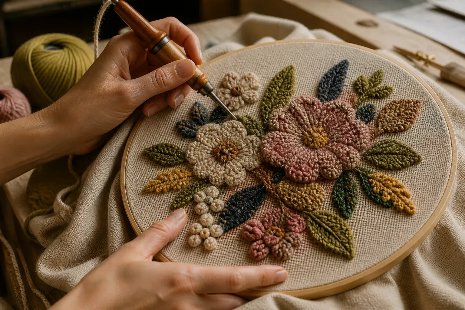 Le punch needle trouve sa place en français dans la broderie en relief