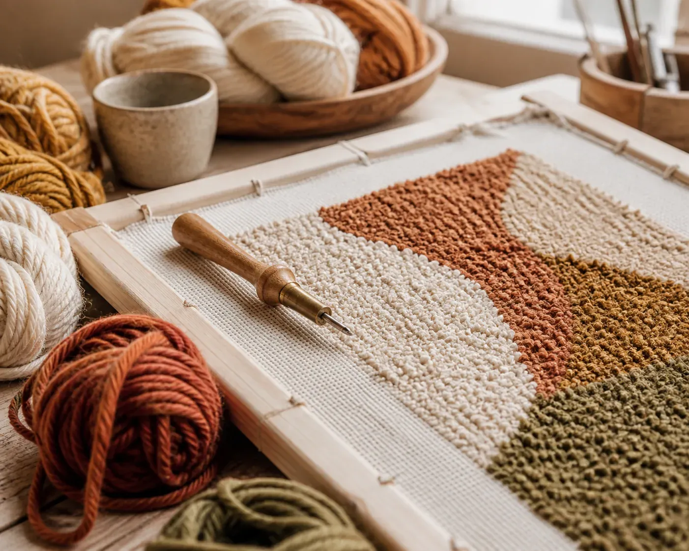 Le punch needle permet de créer un tapis solide et texturé
